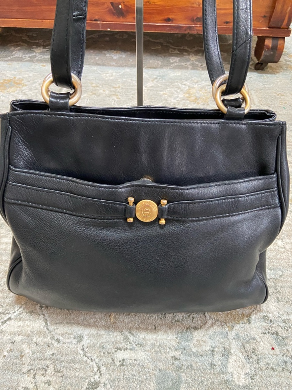 Etienne Aigner Black Leather Shoulder Bag with Gold Hardware